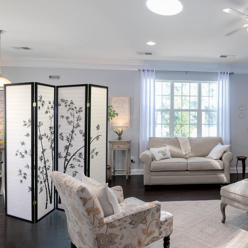 Black and White Bamboo Shoji 4-Panel Folding Room Divider