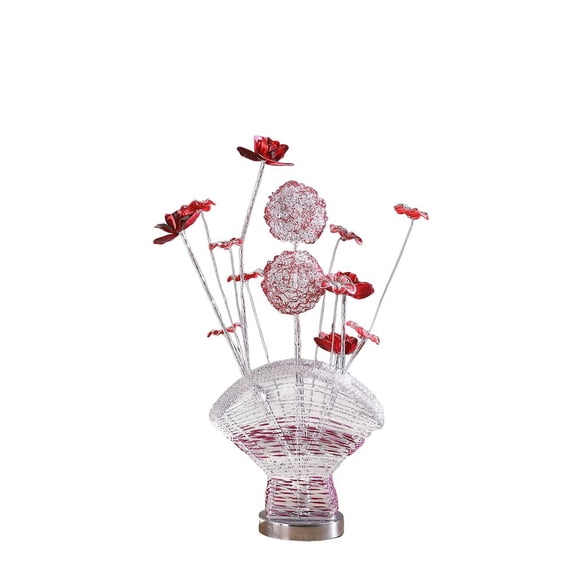 Ore International 4 Red Roses 6 Petal Floral 2 Flower Bud On A Fan Aluminum Vase Table Lamp