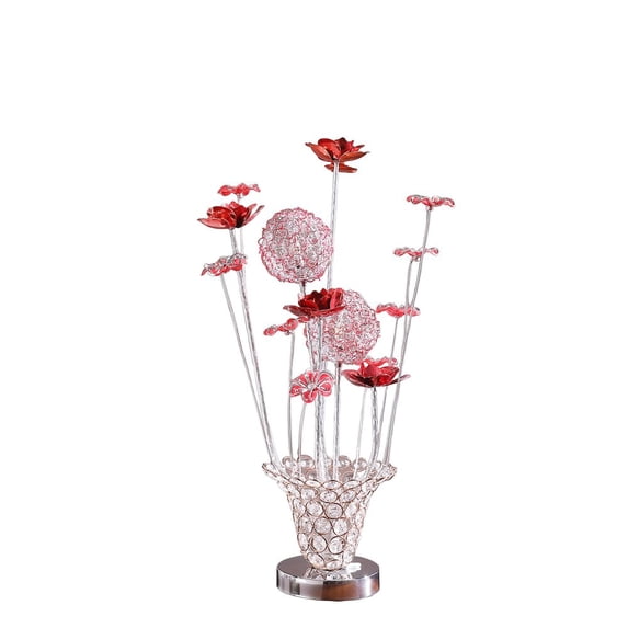 Ore International 4 Red Roses 6 Petal Floral 2 Red/Silver Flower Bud On A Trumpet Vase Table Lamp