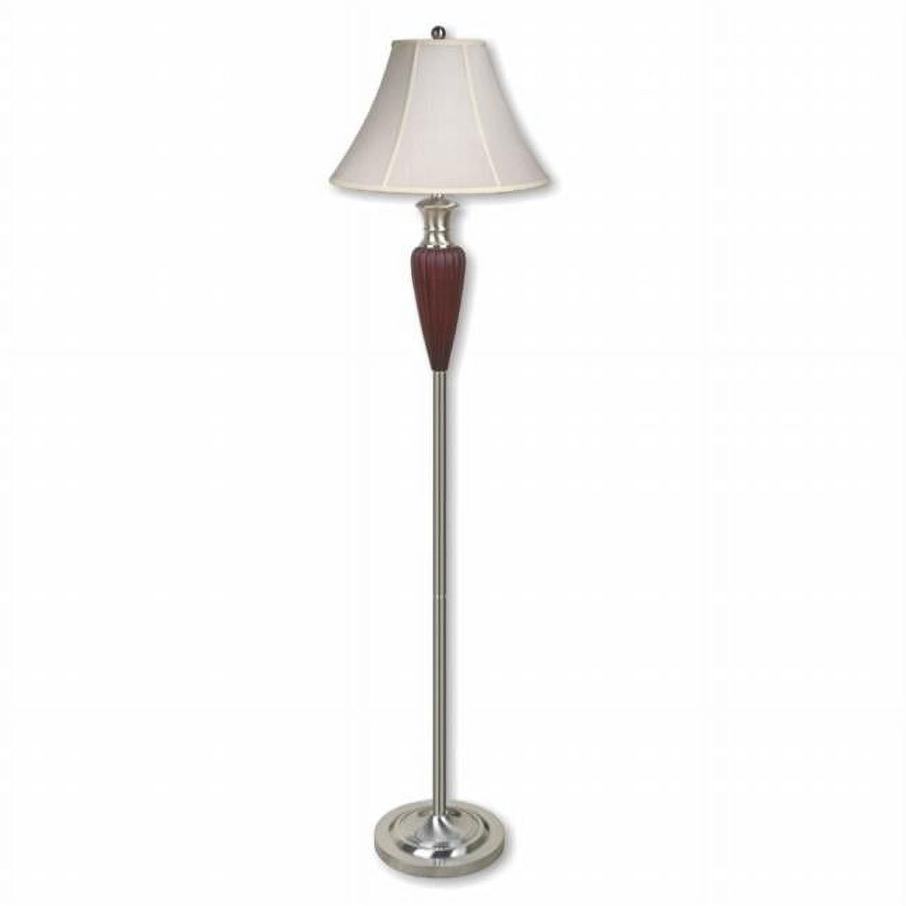 Walnut and Silver Metal Floor Lamp with Fabric Shade