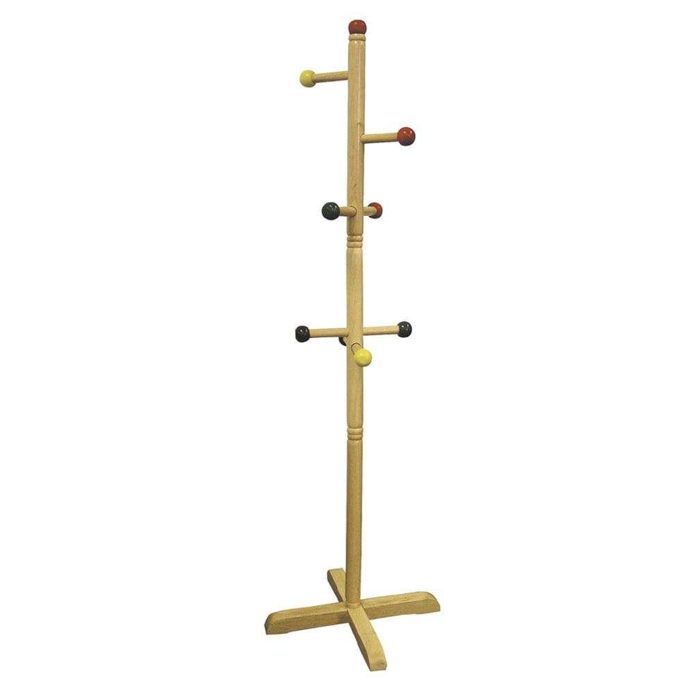 Natural Wood 8-Peg Coat Rack with Multicolor Hooks
