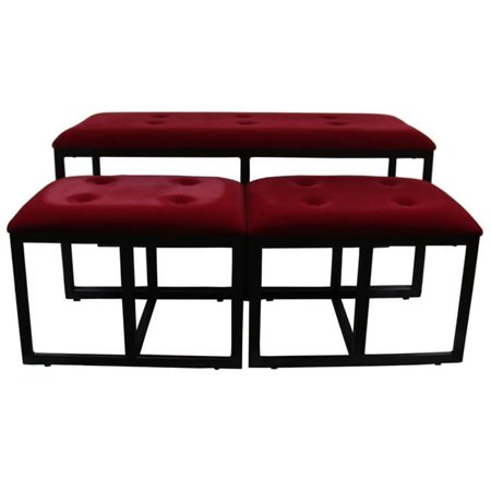 OreInternational 20.5 in. Red Suede Tufted Metal Bench With 2 Seatings
