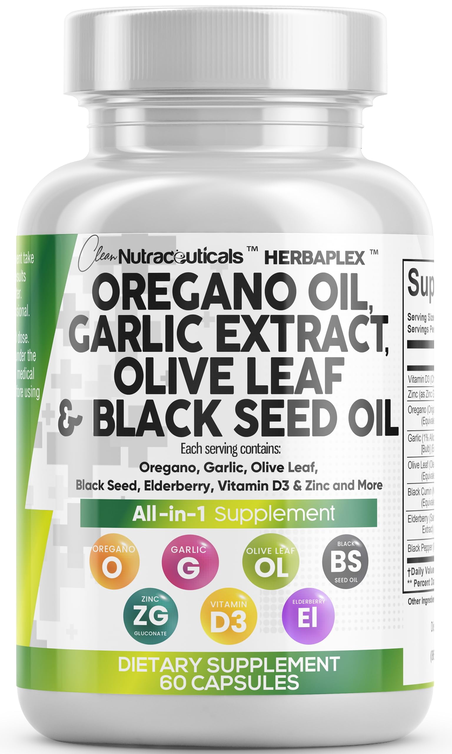 HerbaPlex Oregano Oil Capsules with Black Seed Oil, Garlic, Olive Leaf Extract: Immune Support Supplement with Elderberry, Vitamin D3, Zinc for Women and Men*