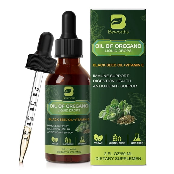 Oregano Oil Drops with Black Seed Oil + Vitamin E for Immune & Digestion Support, 2 FL.OZ (240-day Supply)