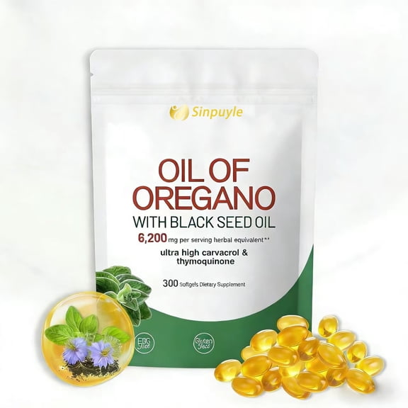 Oregano Oil Softgels with Black Seed Oil, Supports Immune & Digestive Wellness, 300 Count, Ultra High Carvacrol & Thymoquinone