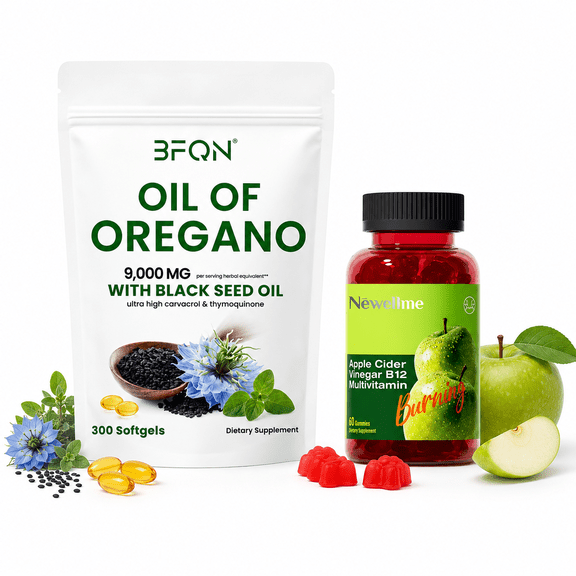 Nutrajoy Oil of Oregano 9,000 MG with Black Seed Oil Softgels & Apple Cider Vinegar B12 Multivitamin Gummies Combo, Immune & Daily Wellness Support, 300 Softgels + 60 Gummies