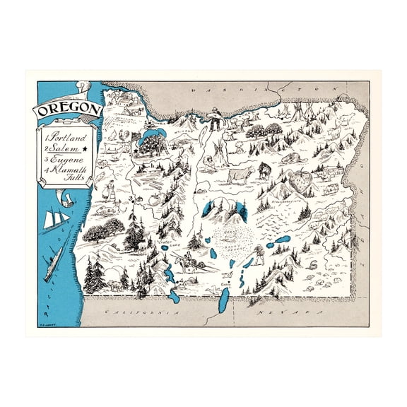 Oregon Art, 1931 Vintage Map of Oregon History Wall Decor Gift, Old Oregon Map - 36" x 24" Unframed Print