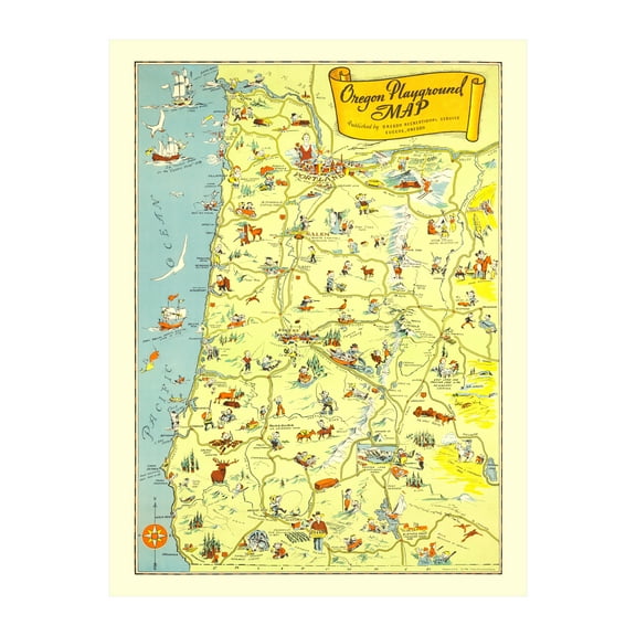 Oregon Art, 1936 Vintage Map of Oregon History Wall Decor Gift, Old Oregon Map - 24" x 36" Unframed Print