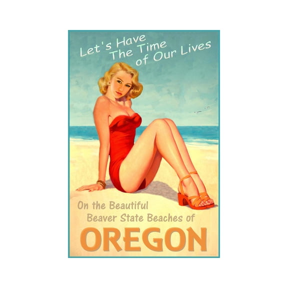 Oregon Beach Beauty Pin Up Poster, Beaver State Sea Shore Ocean Wall Art Print
