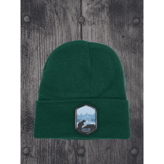 Oregon Beanie with Embroidered Patch - Warm Winter Hat for Outdoor Adventures - Forest Green