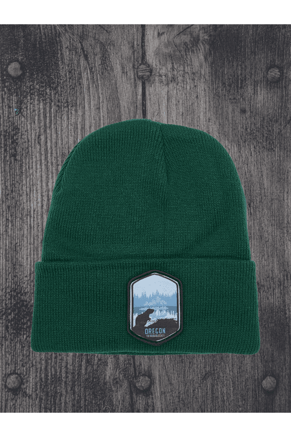 Oregon Beanie with Embroidered Patch - Warm Winter Hat for Outdoor Adventures - Forest Green