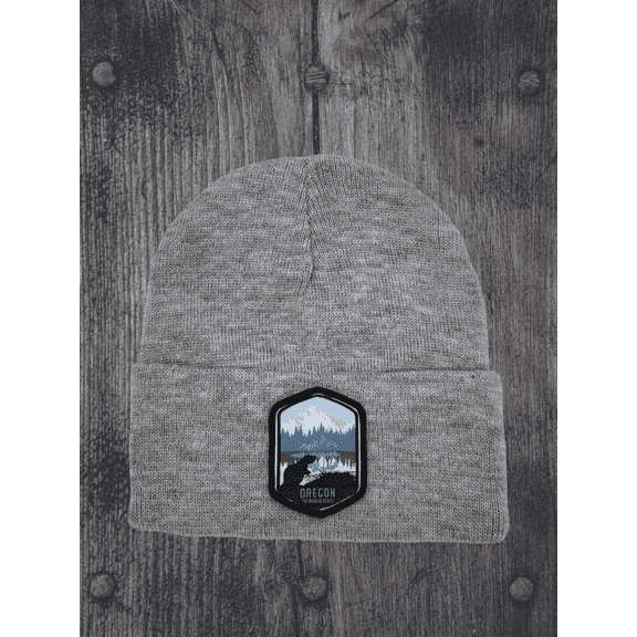 Oregon Beanie with Embroidered Patch - Warm Winter Hat for Outdoor Adventures - Grey