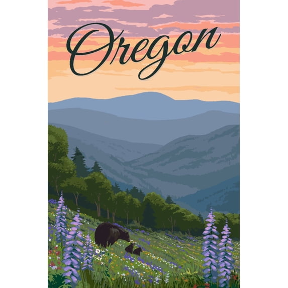 Oregon, Bear and Spring Flowers (12x18 Wall Art Poster, Room Decor)