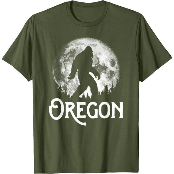 Oregon Bigfoot at Night Cool Full Moon & Trees Sasquatch Unisex T-Shirt for Men Women Kids Toddler,Military Green Color,Size YM