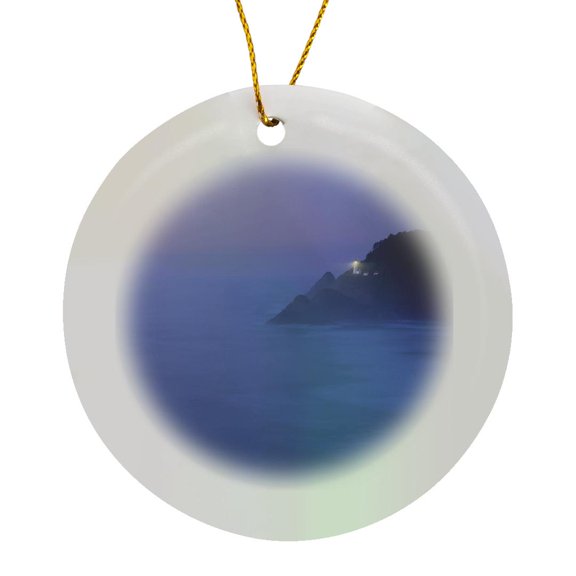 3drose, Oregon, Blue Fog, Heceta Head Lighthouse - Us38 Rer0116 - Ric Ergenbright, Circle Porcelain Ornament
