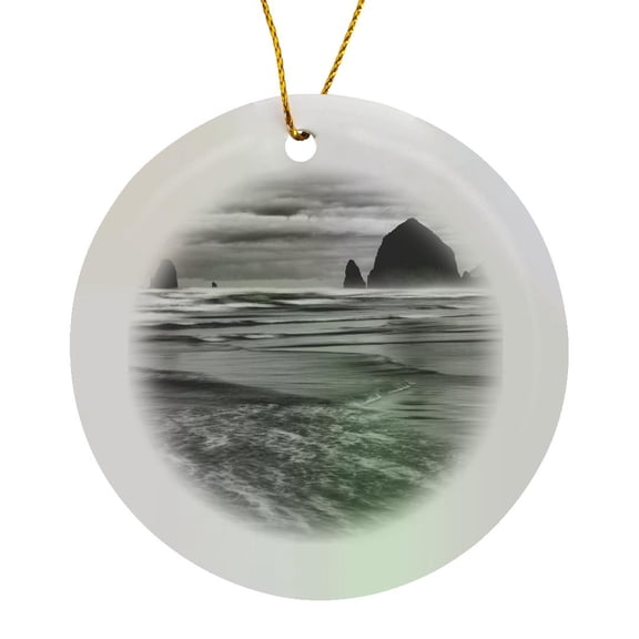 3drose, Oregon, Cannon Beach, Haystack Rock and the Needles, Circle Porcelain Ornament