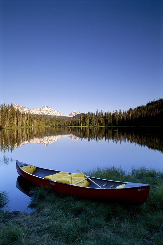 Oregon Cascade Mountains Canoe At Scott Lake Three Sisters Mountain Reflections Background B1657 Canvas Art - Greg Vaughn Design Pics (24 x 38)