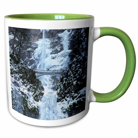 3drose, Oregon, Columbia River Gorge, Multnomah Falls in Winter, 11oz Two-tone Green Mug