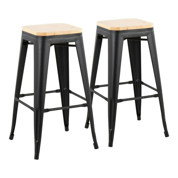 Oregon Contemporary Barstool In Black Steel And Natural Wood - Set Of 2