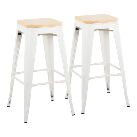 Oregon Contemporary Barstool In White Steel And Natural Wood - Set Of 2