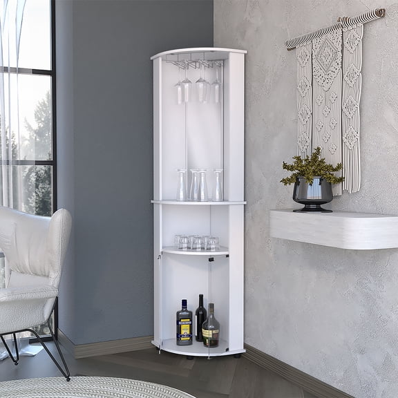 Oregon Corner Bar Cabinet, 3-Tier Shelf with Glass Rack