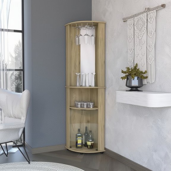 Oregon Corner Bar Cabinet, 3-Tier Shelf with Glass Rack