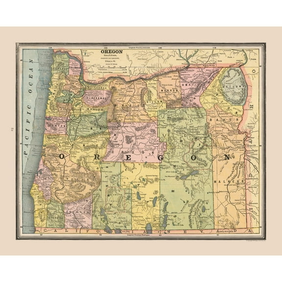 Historic State Map - Oregon - Cram 1888 - 28.33 x 23 - Vintage Wall Art