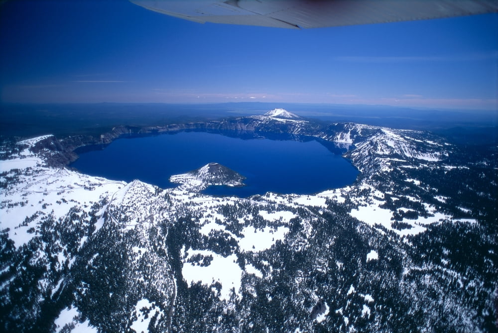 Oregon Crater Lake Aerial Overview Snow Scattered Clear Blue Sky Background A51H Canvas Art - Allan Seiden Design Pics (19 x 12)