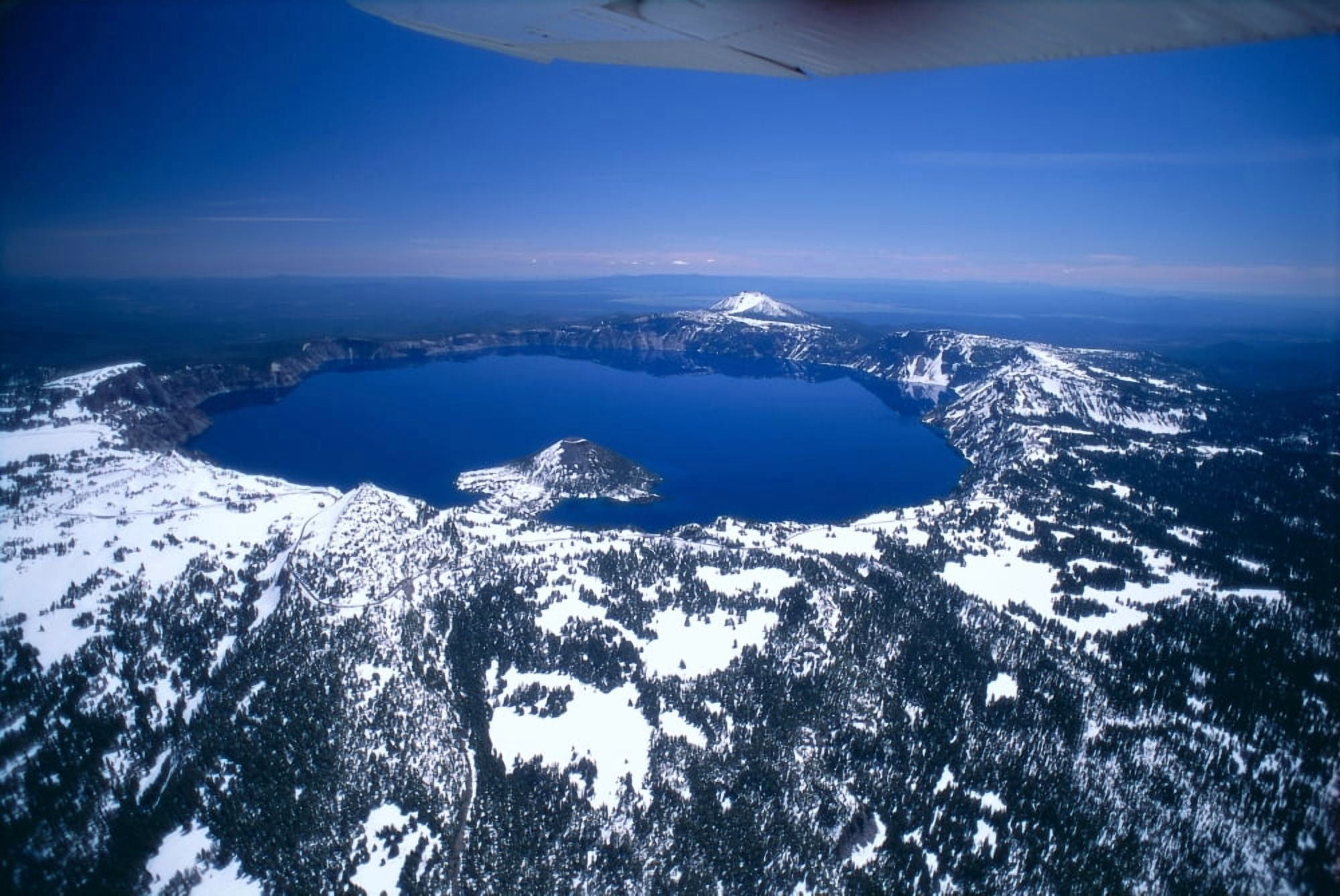 Oregon Crater Lake Aerial Overview Snow Scattered Clear Blue Sky Background A51H Canvas Art - Allan Seiden Design Pics (38 x 24)