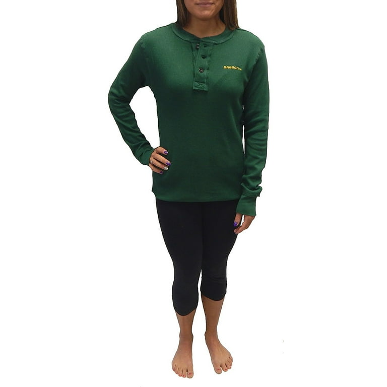 Oregon Duck Green Waffle-Knit Adult Women Thermal Long Sleeve Shirt (Size  XL) 