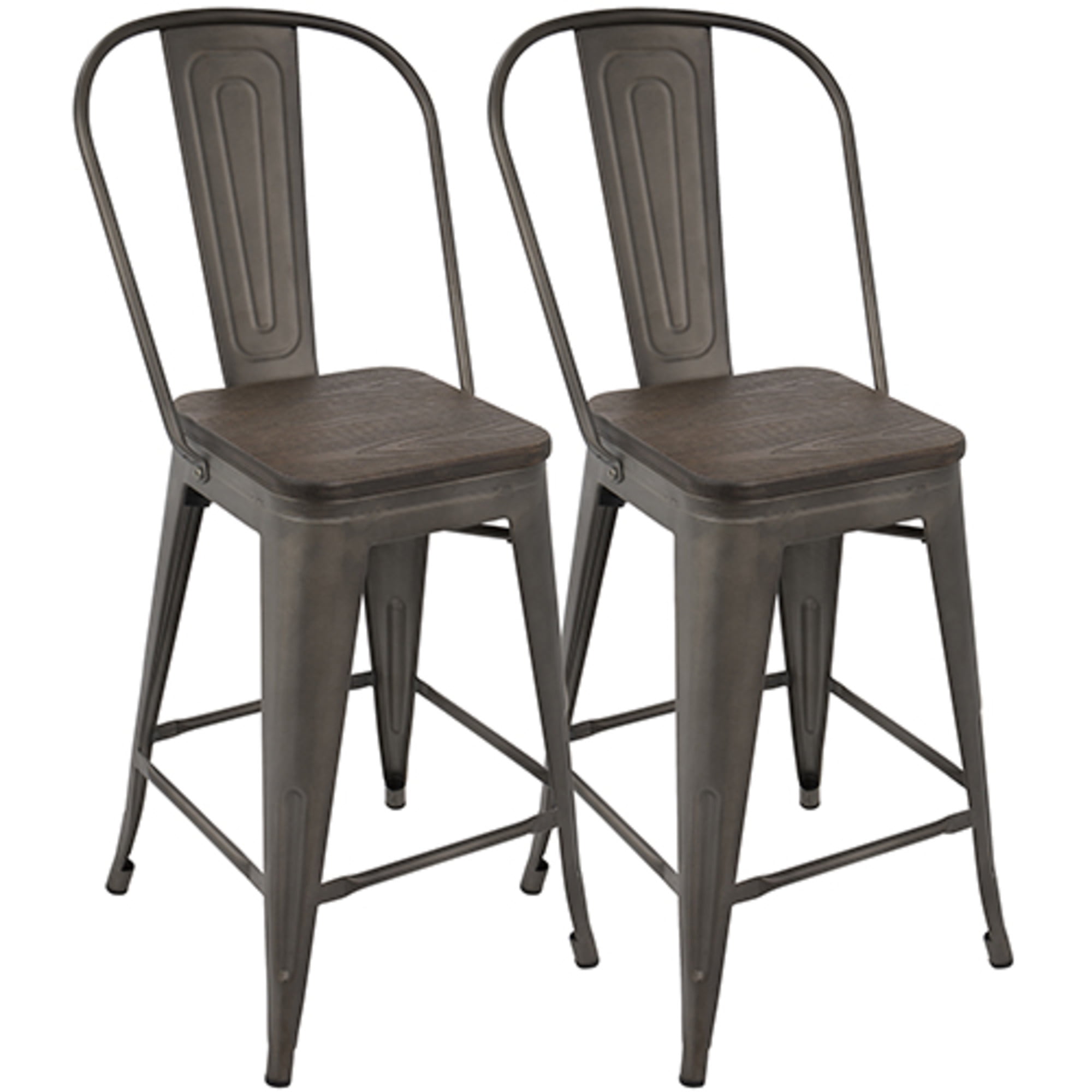 Antique and Espresso Industrial High Back Counter Stools - Set of 2
