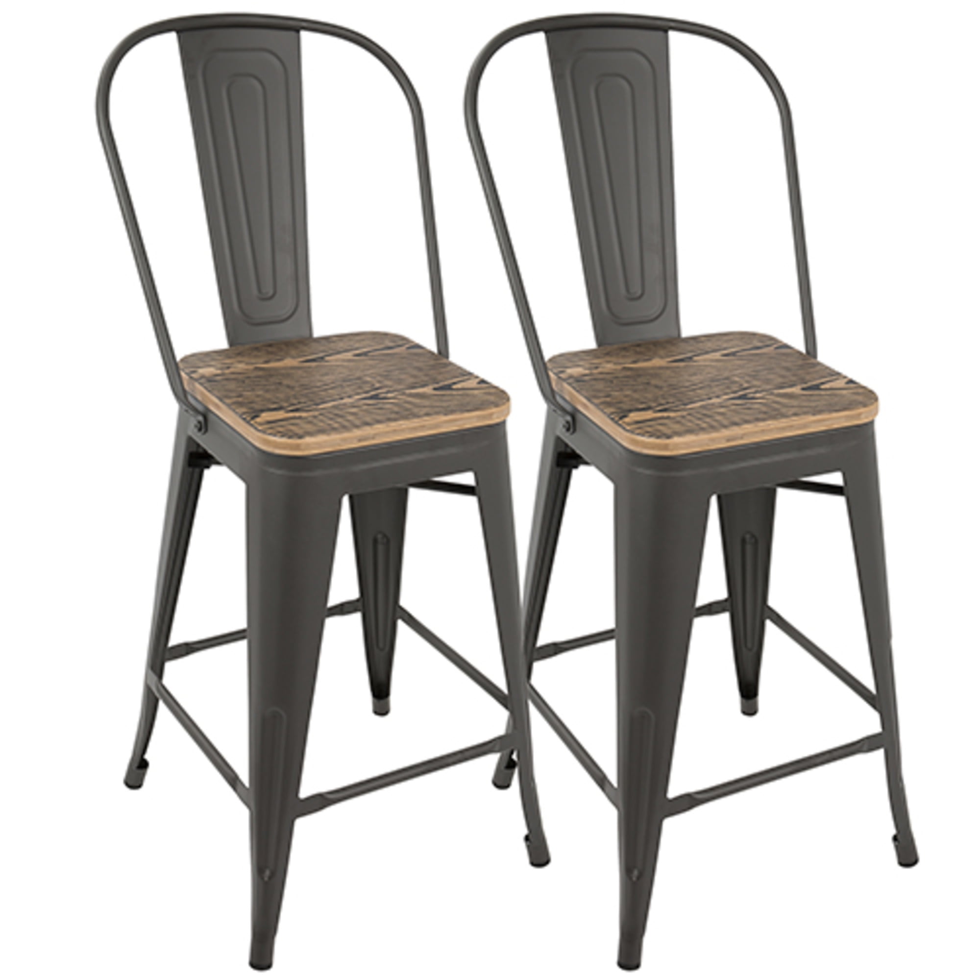 Rustic Industrial Grey-Brown Wood & Metal High Back Counter Stool