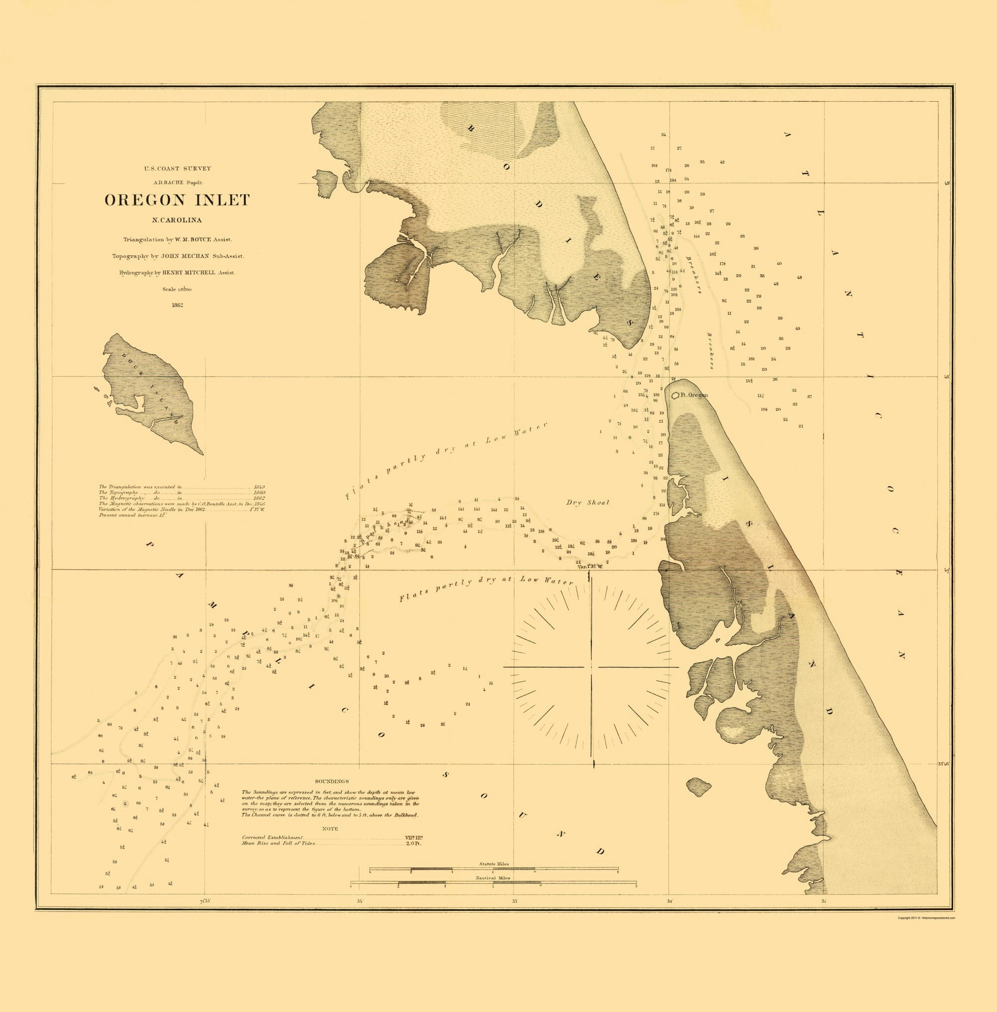 Historic Nautical Map - Oregon Inlet - USCS 1862 - 23 x 23.34 - Vintage ...