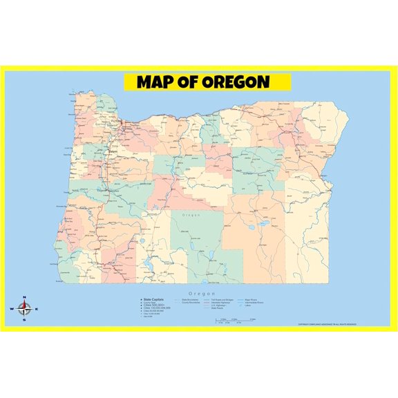 Oregon Map Poster - Laminated Wall Map - Style A - 18x24 - Ideal for Classrooms and Homes – Features Bright Colors and Vivid Imagery