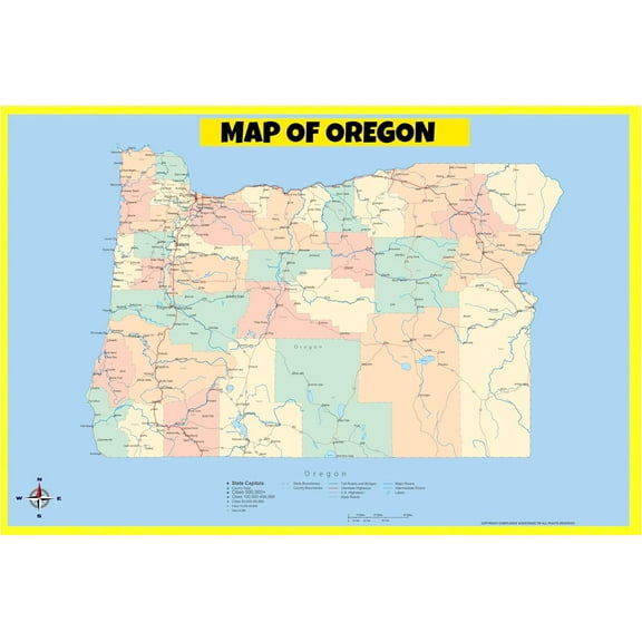 Oregon Map Poster - Laminated Wall Map - Style A - 24x36 - Ideal for Classrooms and Homes – Features Bright Colors and Vivid Imagery