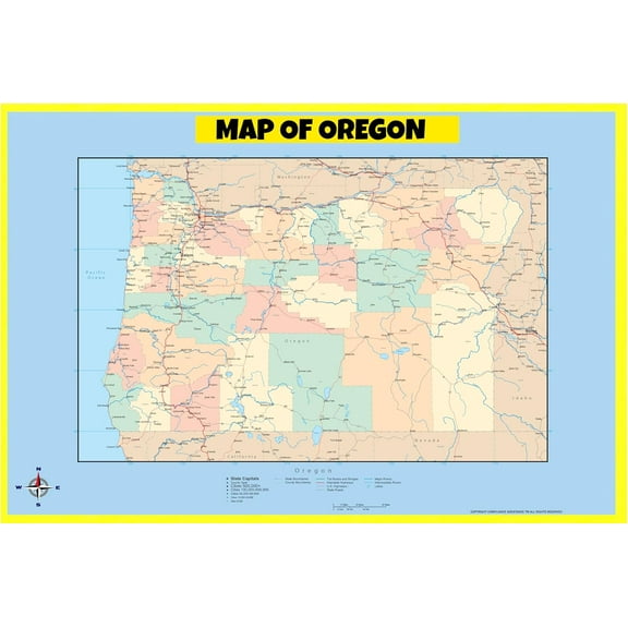 Oregon Map Poster - Laminated Wall Map - Style C - 24x36 - Ideal for Classrooms and Homes – Features Bright Colors and Vivid Imagery
