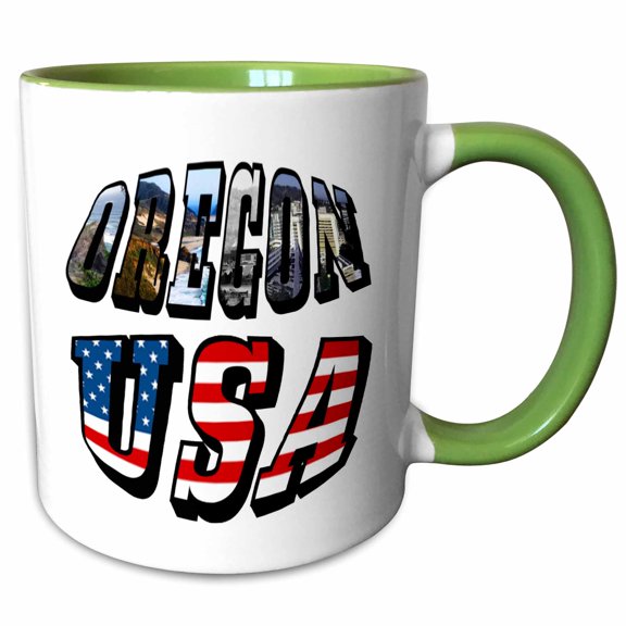 3drose, Oregon Picture State and Usa Flag Text, 11oz Two-tone Green Mug