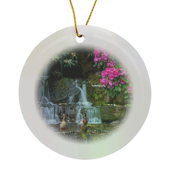 3drose, Oregon, Portland, Mallard Ducks Pair on Rocks Next to Waterfall., Circle Porcelain Ornament