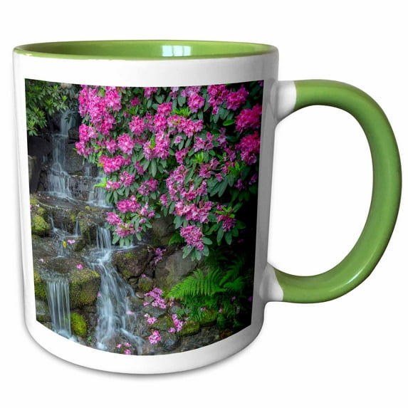 3drose, Oregon, Portland, Rhododendron Blooms Alongside Waterfall and Ferns., 11oz Two-tone Green Mug