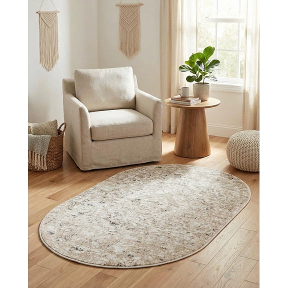 - Oregon Rug  3' 1 x 5' 3 Oval Beige Easy-Clean Rug for Entryways, Bedrooms, and Cozy Nooks