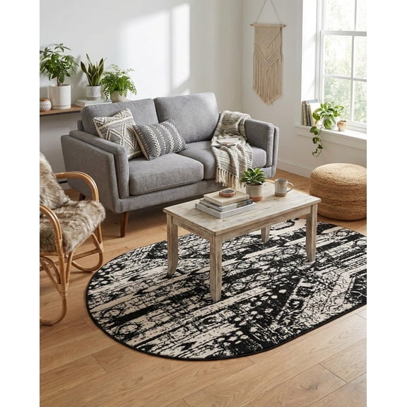 - Oregon Rug 3' 1 x 5' 3 Oval Black and White Textured Easy-Clean Rug Rustic Tribal Decor for Entryways, Bedrooms, and Home Offices