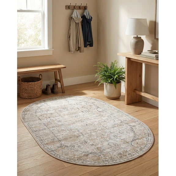 - Oregon Rug 3' 1 x 5' 3 Oval Ivory Easy-Clean Rug Vintage Floral Design for Bedrooms, Entryways, and Home Offices