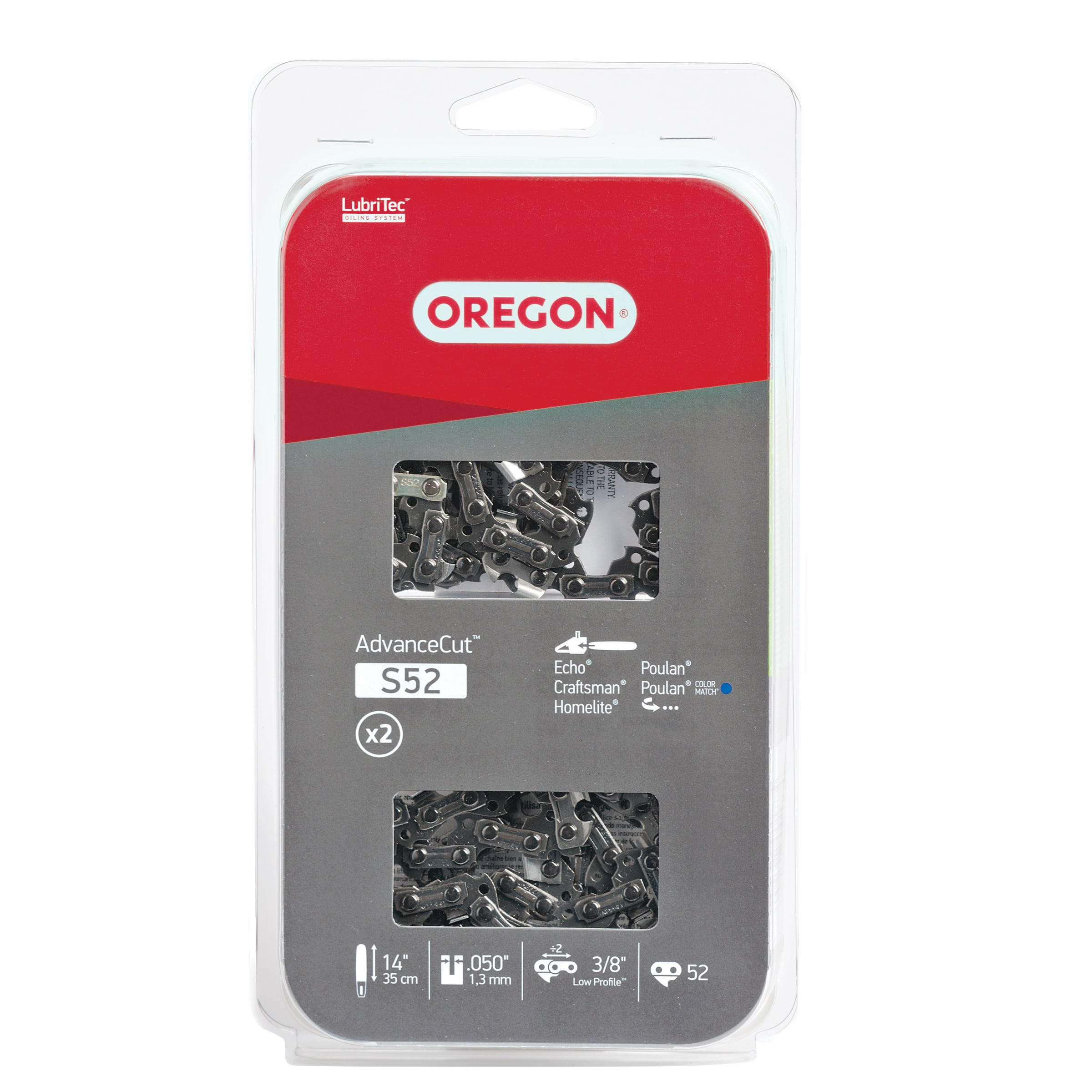 Oregon S52T AdvanceCut 2-Pack Saw Chain for 14 in. Bar - 52 Drive Links - fits Echo, Craftsman, Poulan, Homelite, Makita Husqvarna and more