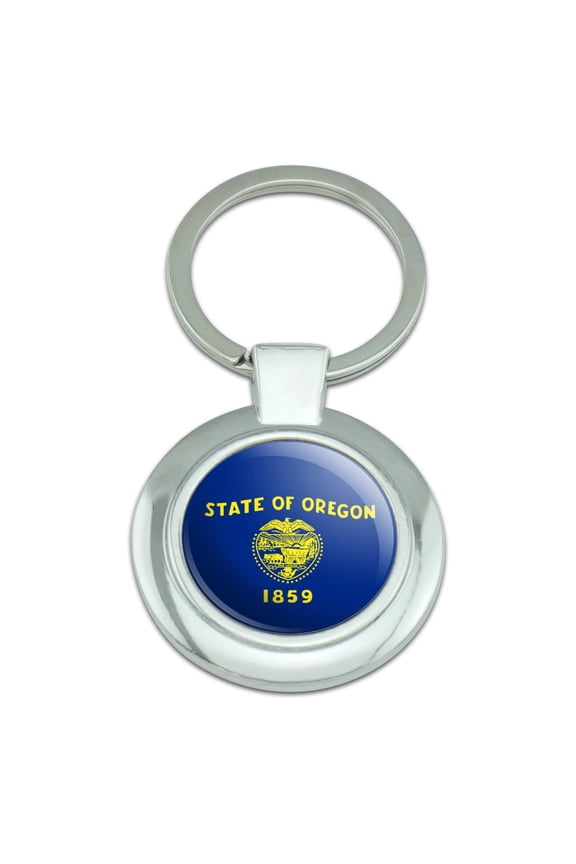 Oregon State Flag Keychain Classy Round Chrome Plated Metal