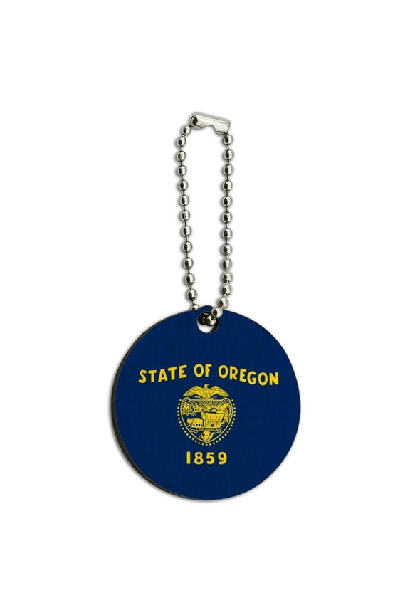 Oregon State Flag Wood Wooden Round Keychain Key Chain Ring