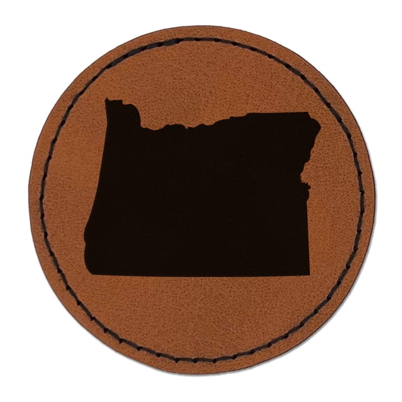 Oregon State Silhouette 2.5" Faux Leather Round Engraved Iron-On Patch - Brown