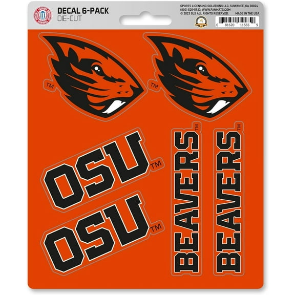 Oregon State University Beavers 6-Piece Decal Sticker Set, 5x6 Inch Sheet, Gift for football fans for any hard surfaces around home, automotive, personal items