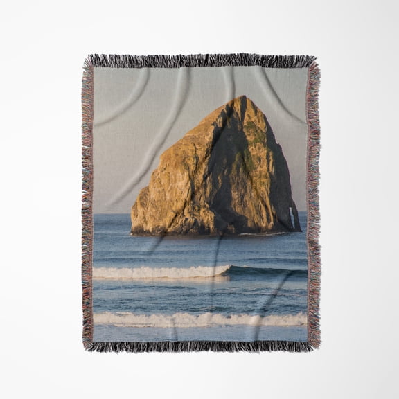 Oregon. Sunrise On The Beach, Haystack Rock In Pacific Ocean., Woven Blanket