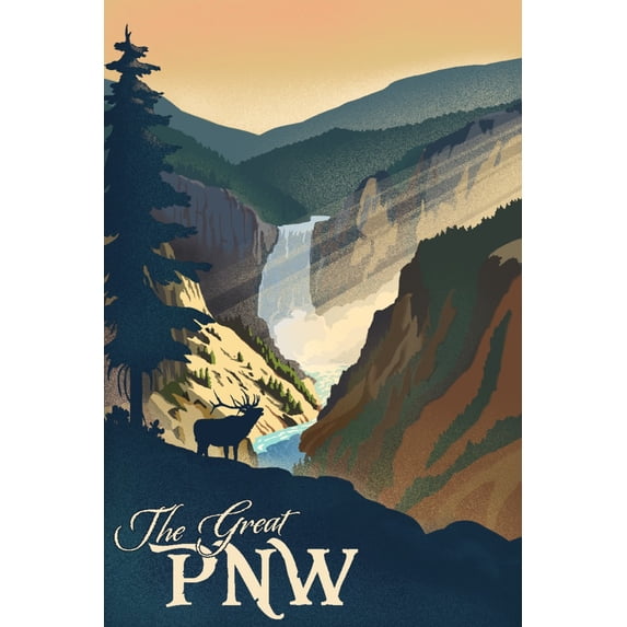 Oregon, The Great PNW, Lithograph (16x24 Giclee Gallery Art Print, Vivid Textured Wall Decor)