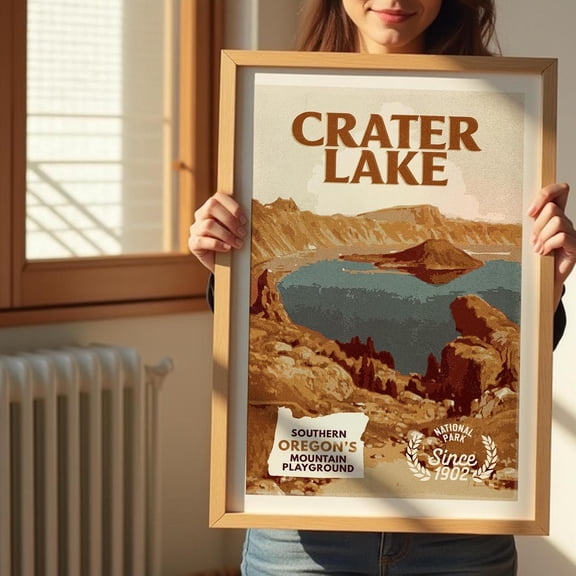 Oregon Travel Print Retro Oregon Art Crater Lake State Travel Poster Oregon Gift for Friend Outdoorsy Wall Decor
